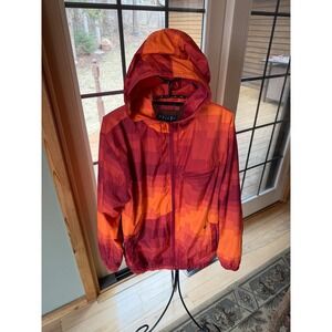 Volcom Womens Sunset Geometric Windbreaker Jacket Red Orange Full Zip Hooded